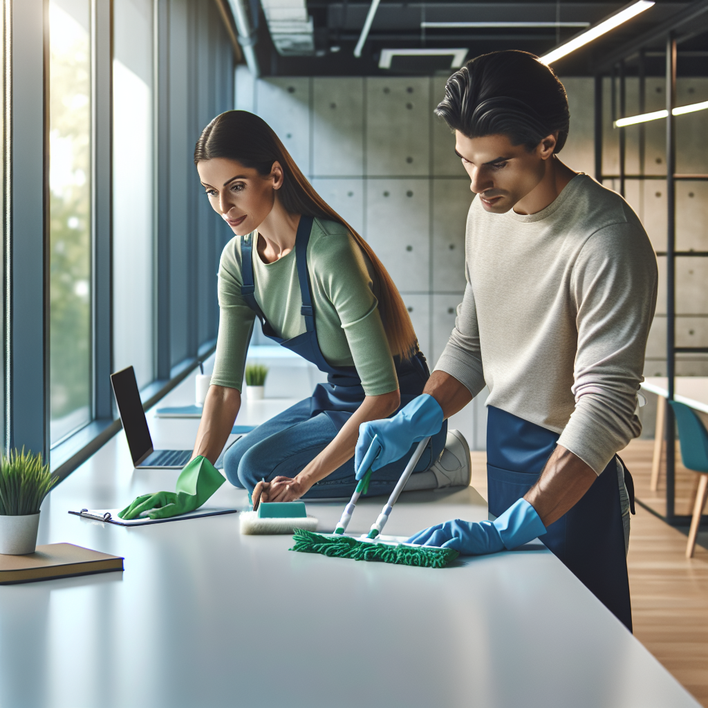 Team of professional cleaners in a modern, bright office setting performing cleaning tasks.