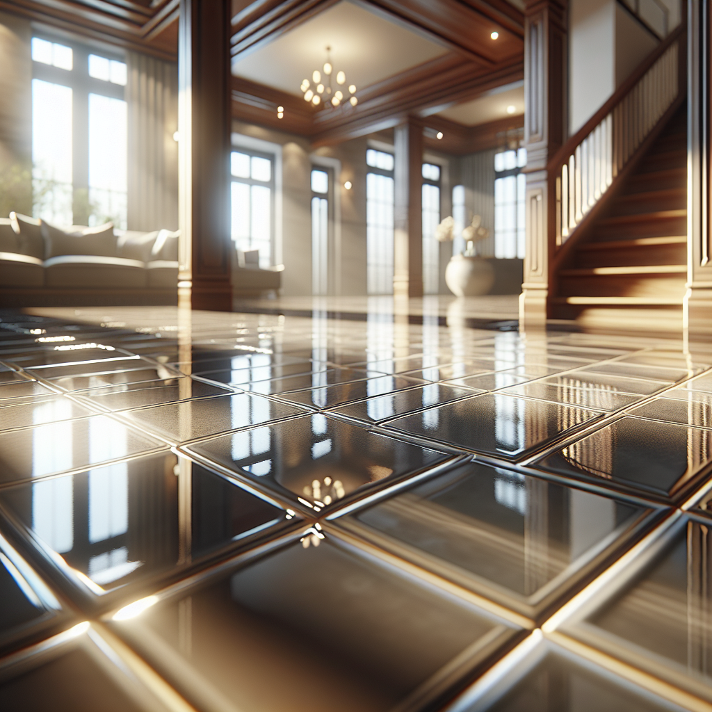 A realistic image of a polished, shining tile floor with natural light reflections.