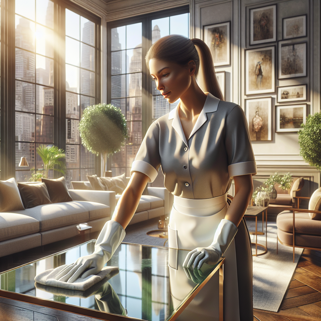 A professional cleaner tidies a modern apartment, sunlight and cityscape in the background.