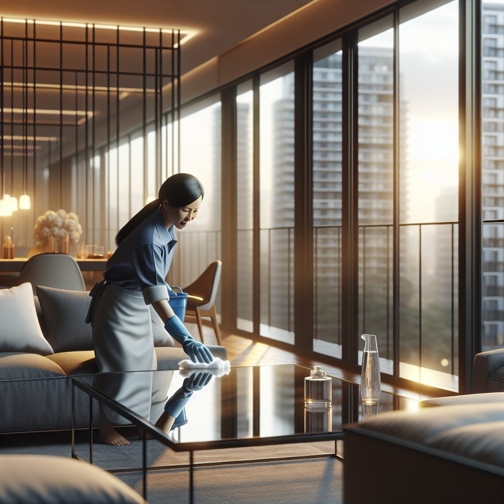 A realistic scene of a cleaner working in a modern apartment.