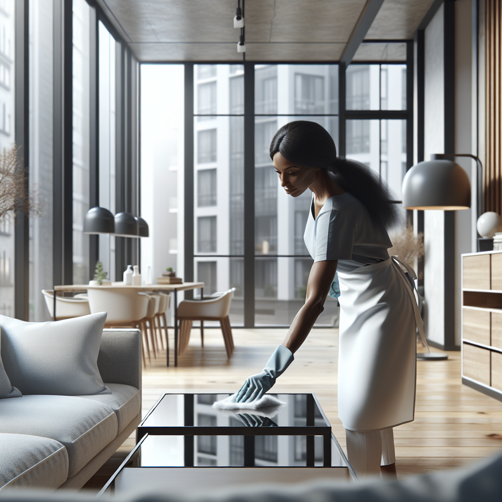 A professional cleaning woman tidying a modern urban apartment interior.