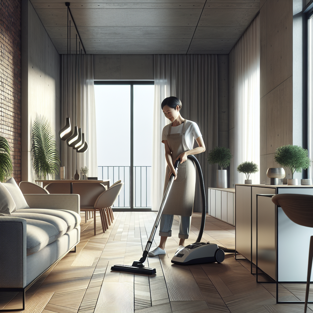 A woman vacuuming a modern urban apartment, showcasing apartment cleaning job.