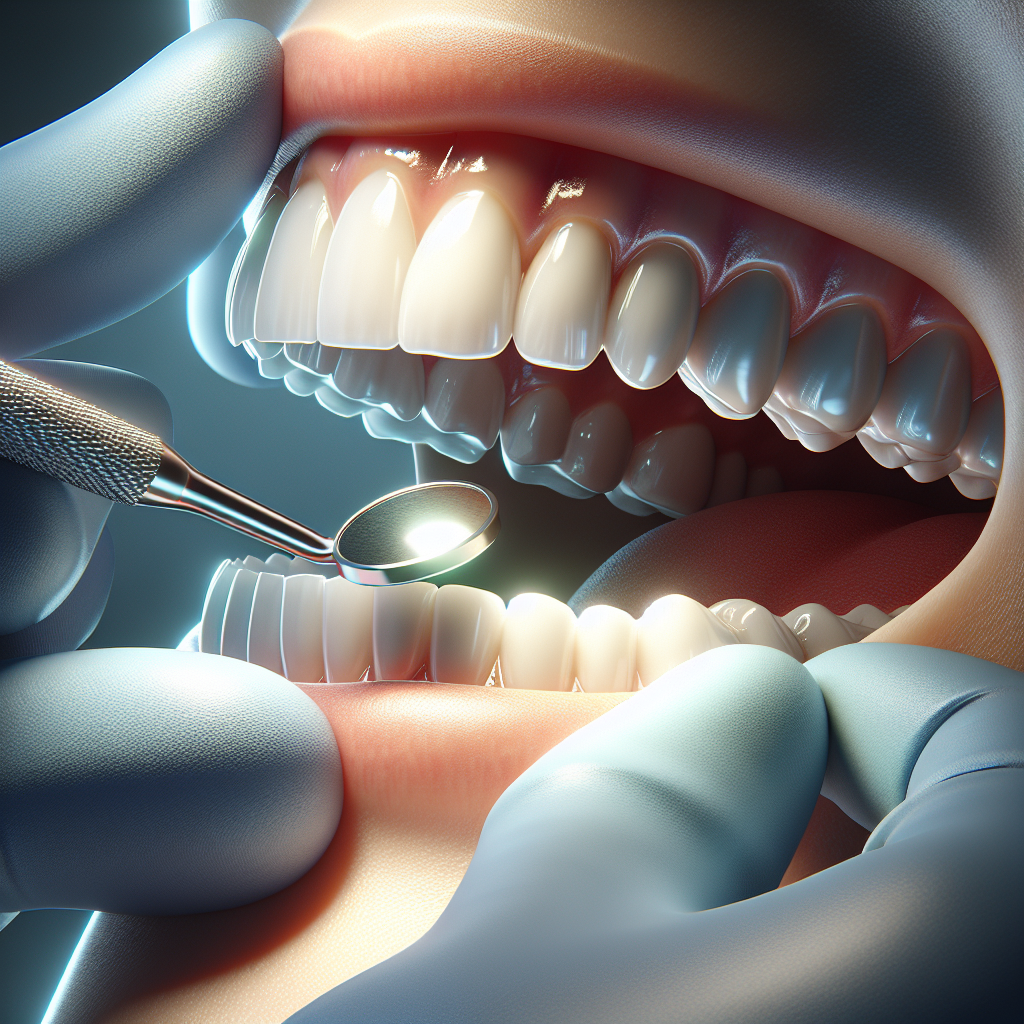 Close-up of a dentist using a dental tool on a set of teeth and gums.