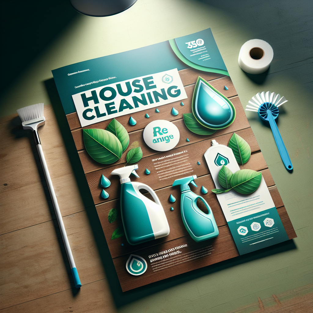 A house cleaning flyer with vibrant eco-friendly design on a wooden table.