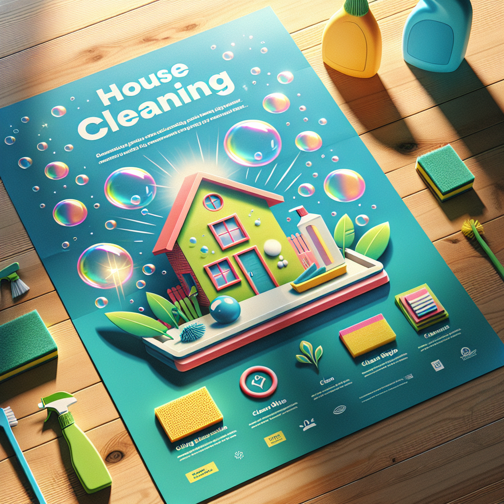 A realistic creative house cleaning flyer with vibrant colors on a wooden table.