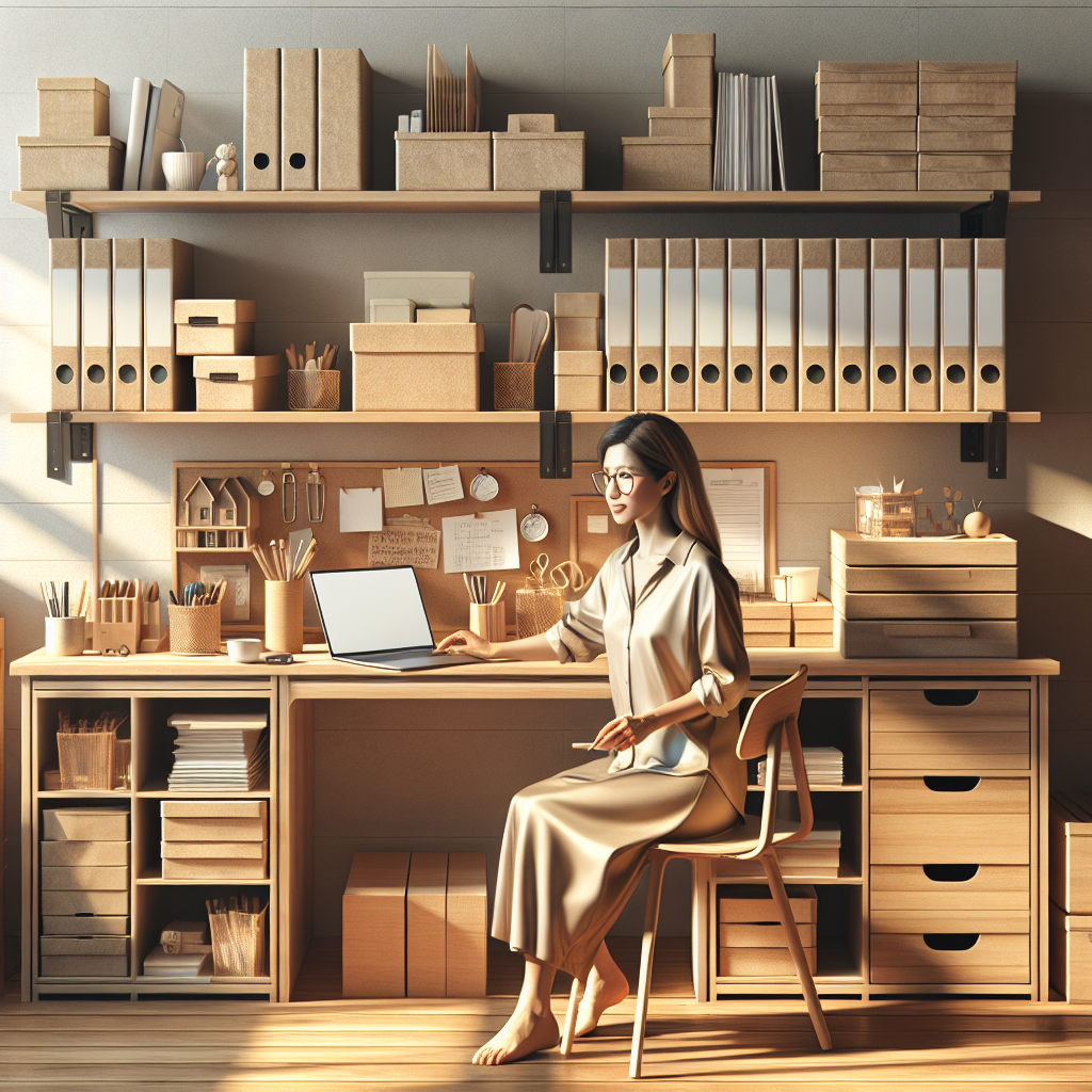 A well-organized professional workspace with storage boxes, office supplies, and a laptop, reflecting the role of a professional organizer.