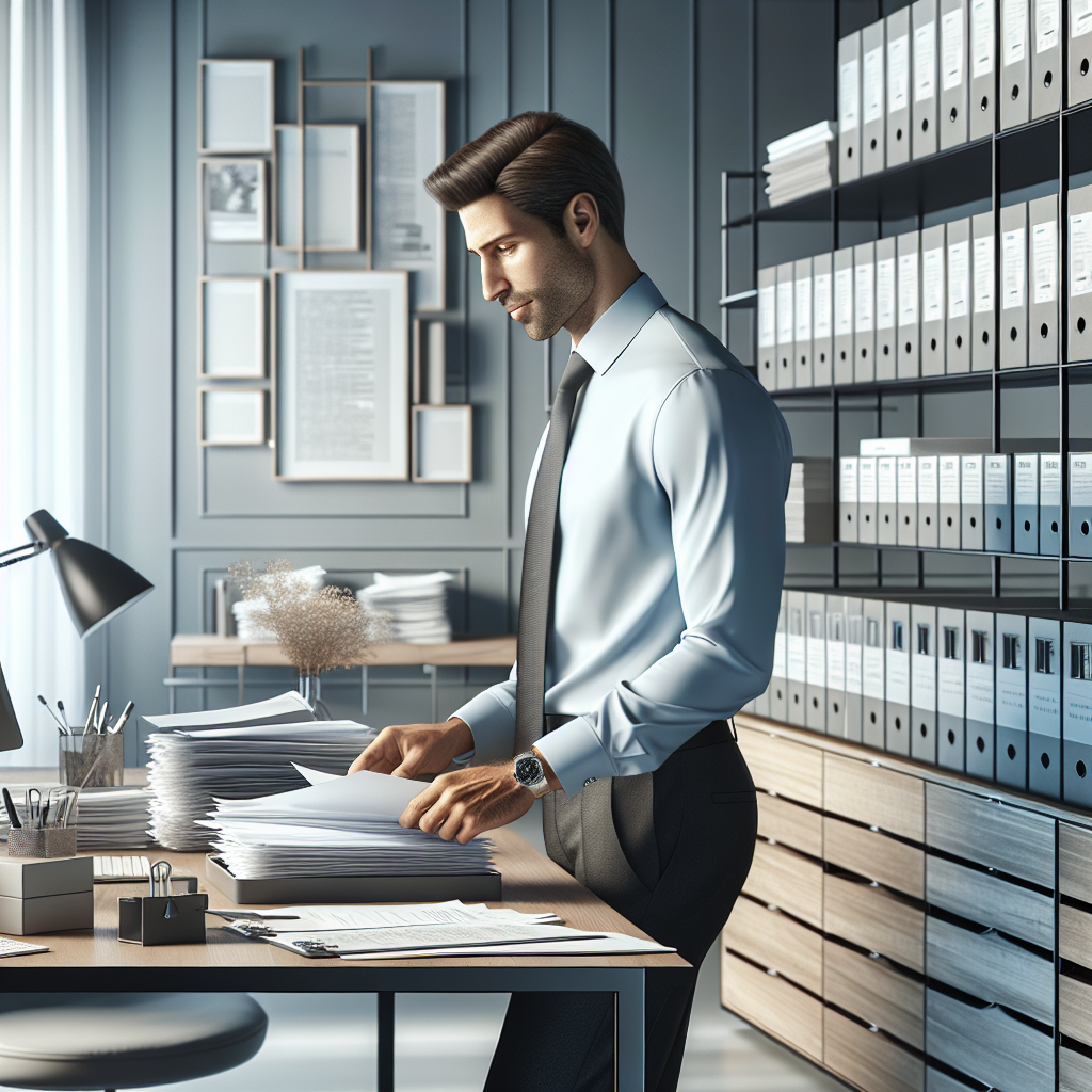 A professional organizer's workspace with a man organizing papers.