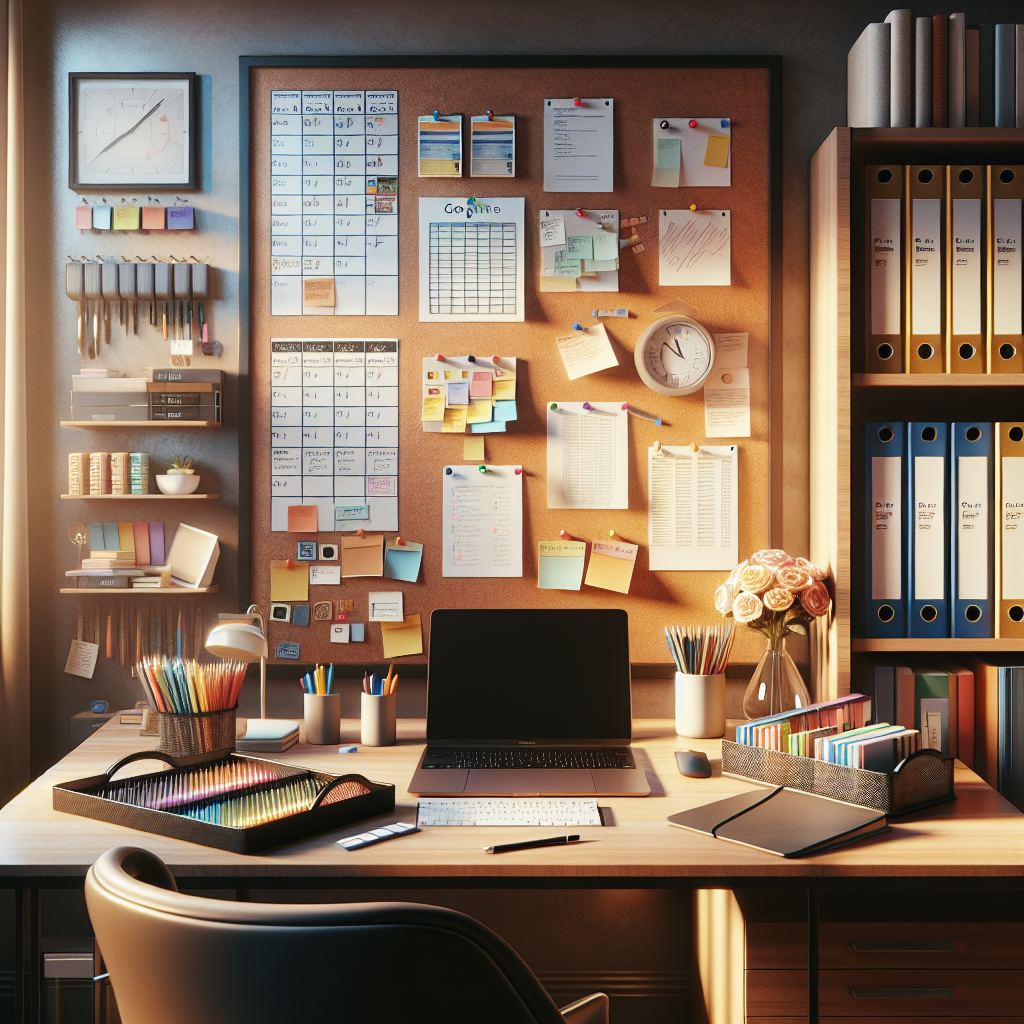 A tidy professional organizer's workspace with a desk, stationery, laptop, corkboard, and bookshelf.