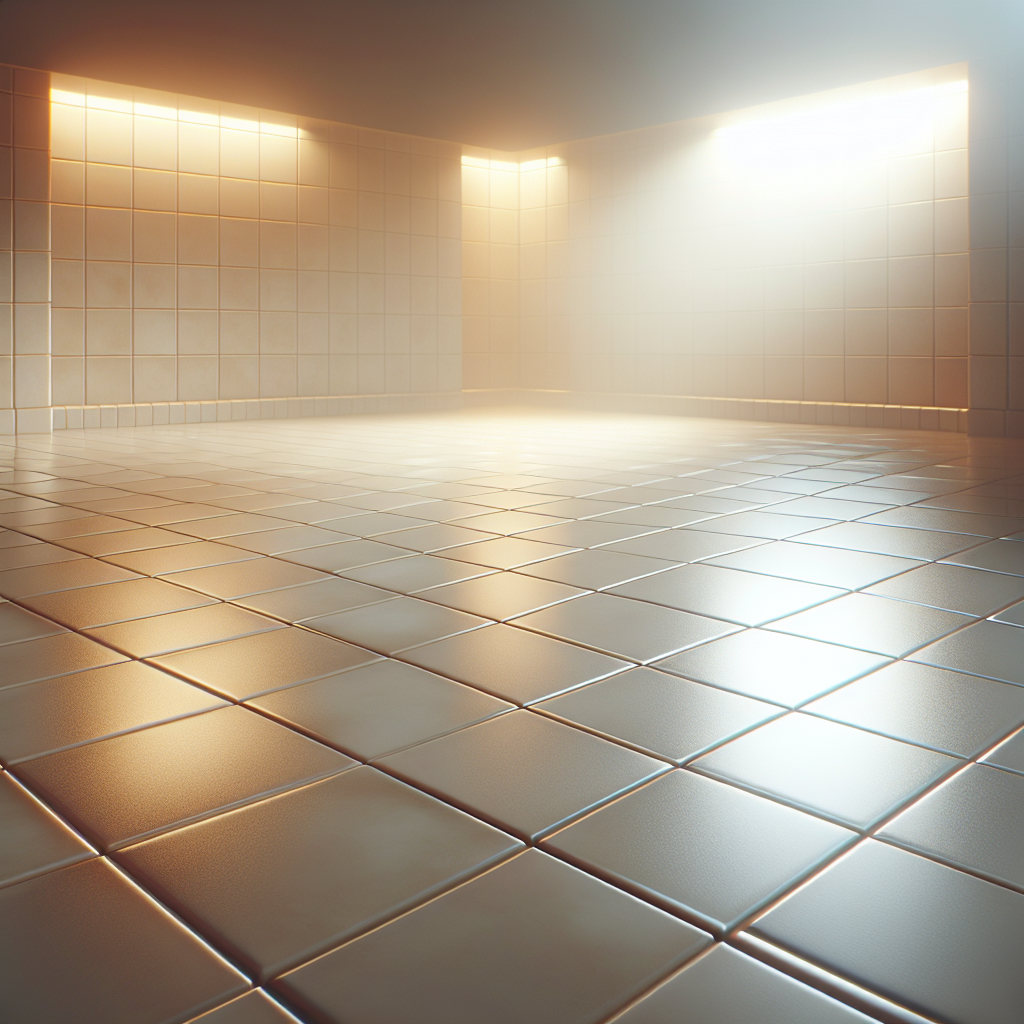 A clean, polished ceramic tile floor with light beige tiles and spotless grout lines.