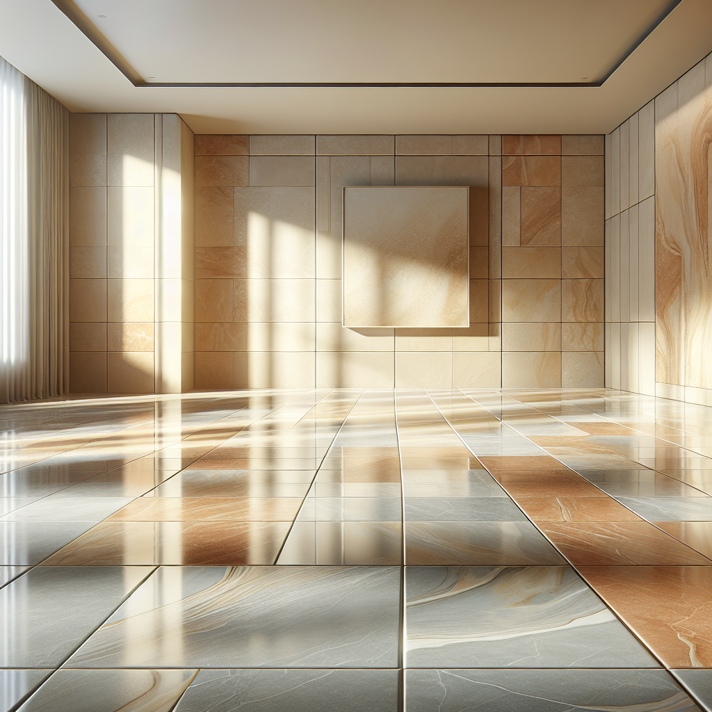 Polished ceramic tile floor in a modern home setting, reflecting natural sunlight.