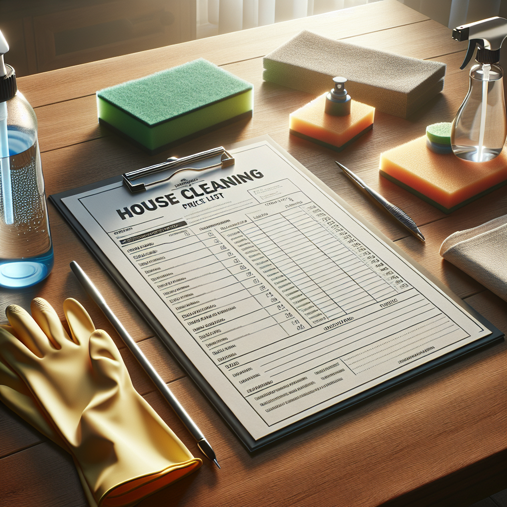 Neatly arranged house cleaning price list template on a wooden table with cleaning supplies.