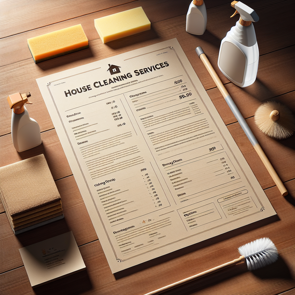 A realistic image of a house cleaning services price list on a wooden desk with cleaning tools.