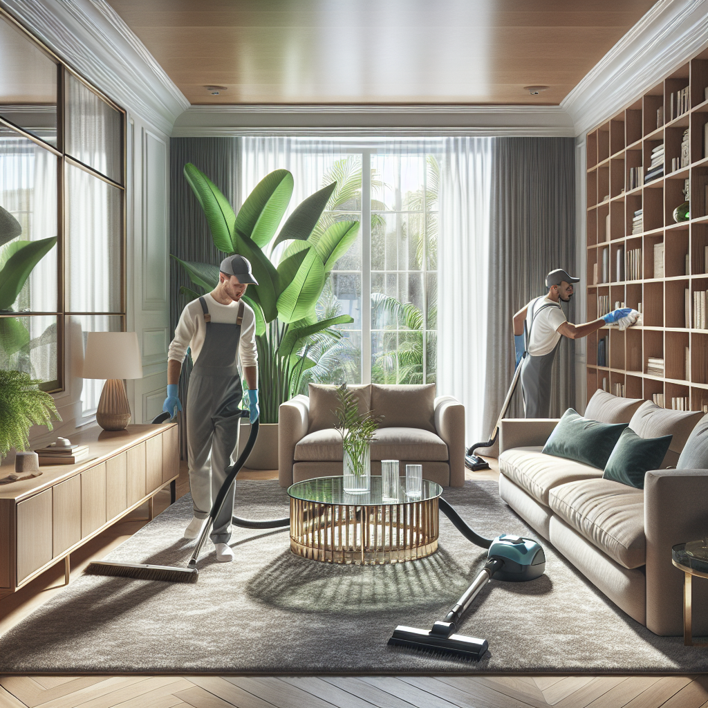 A modern living room being professionally cleaned, depicting a tranquil and tidy environment.