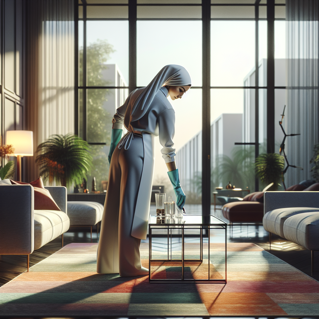 A professional cleaner working in a sunlit modern living room.