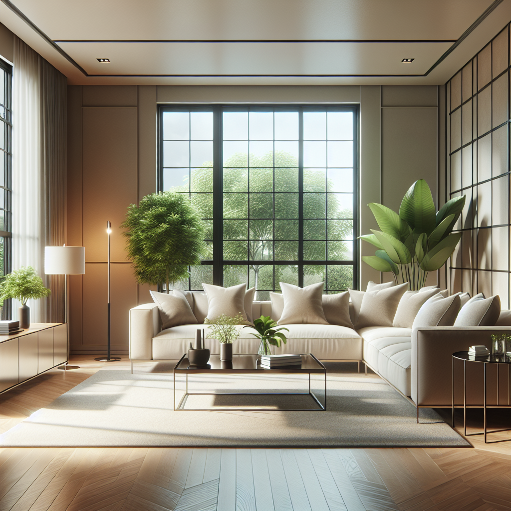 A realistic image of a clean and organized modern living room with natural light.