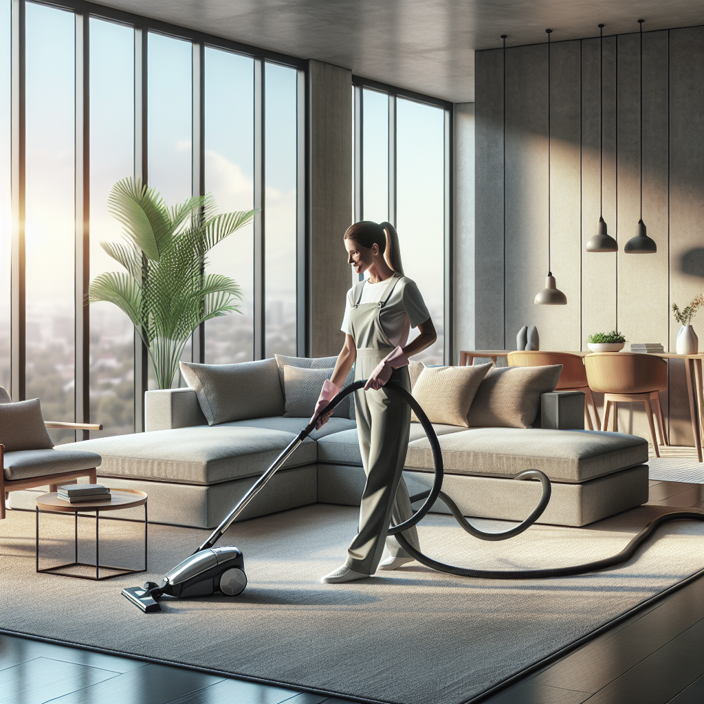 Professional cleaner vacuuming a modern, tidy living room filled with natural light.
