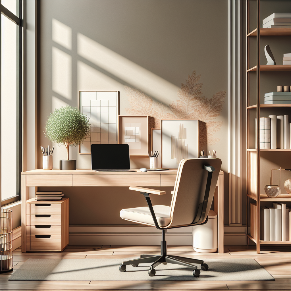 A realistic and serene home office space, well-organized and lit.