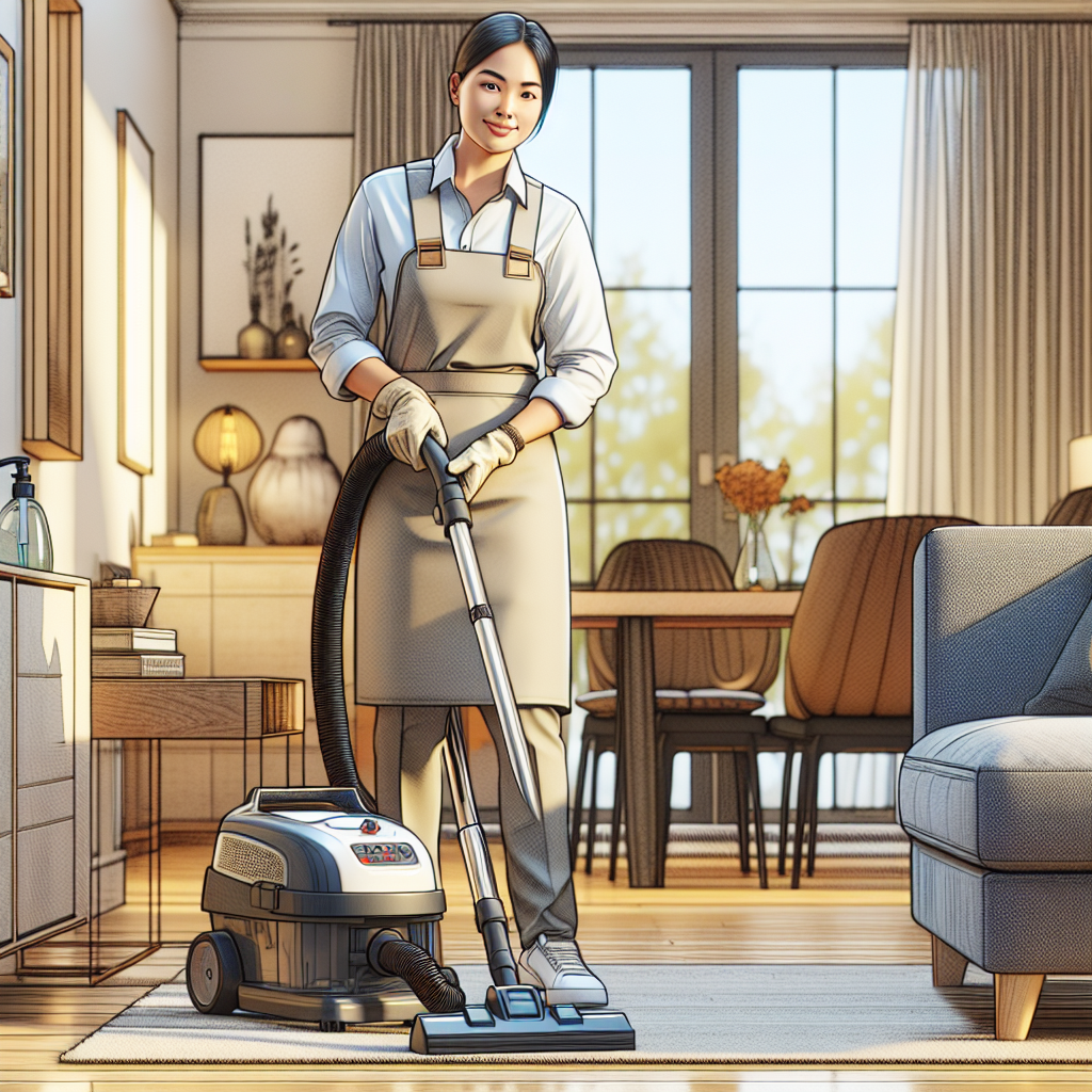 A housemaid cleaning a modern living room using eco-friendly products.