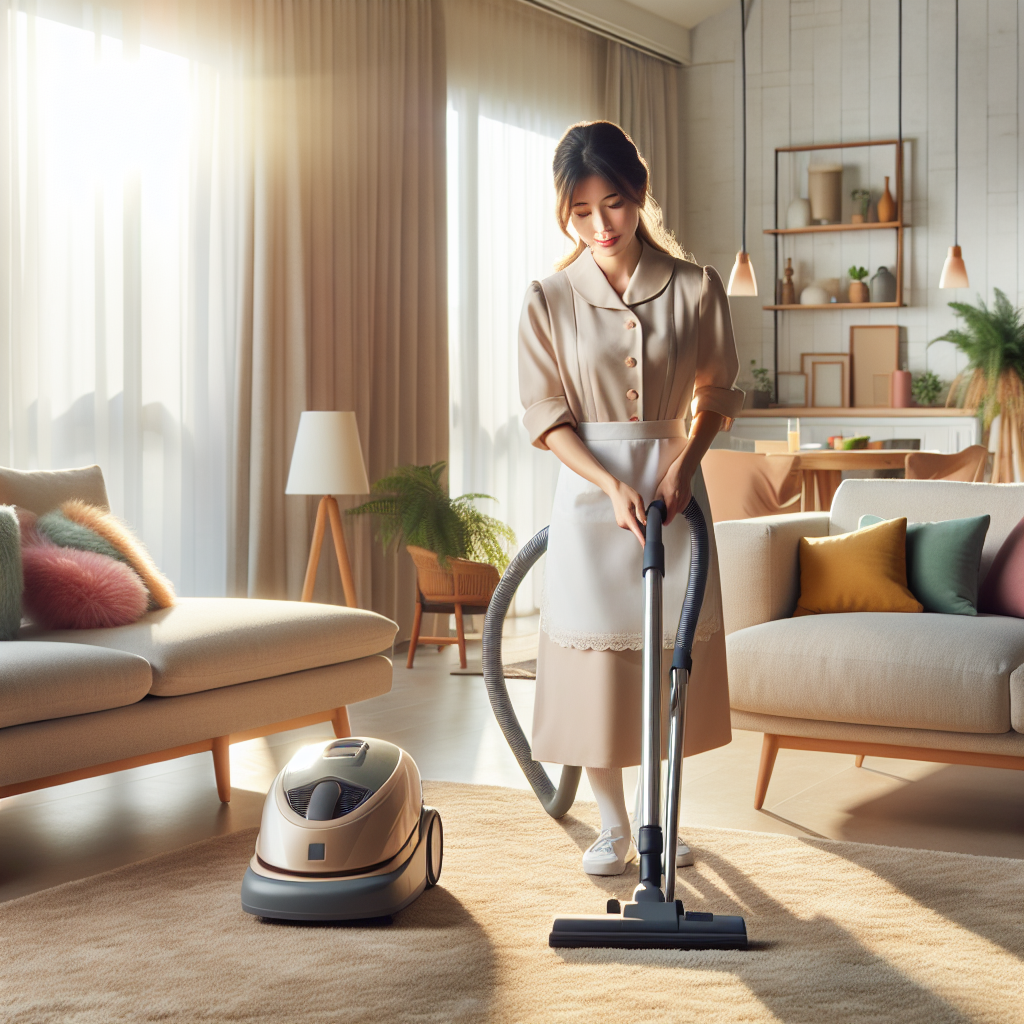 Professional house maid cleaning a modern living room.