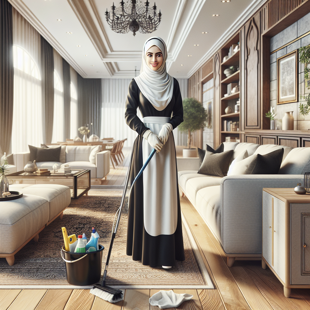 Professional housemaid cleaning a modern, organized home interior.