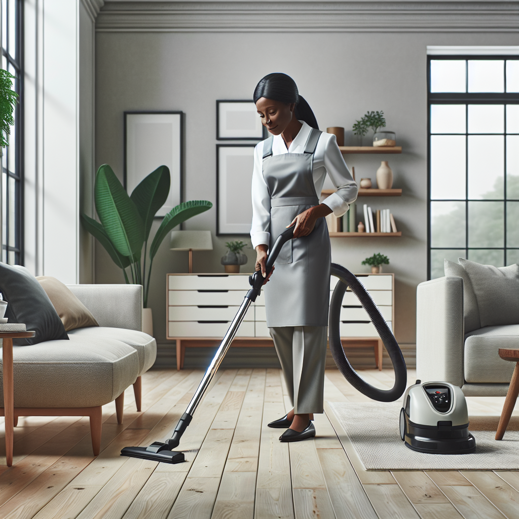 Professional home cleaner vacuuming a modern, spotless living room with eco-friendly products visible.
