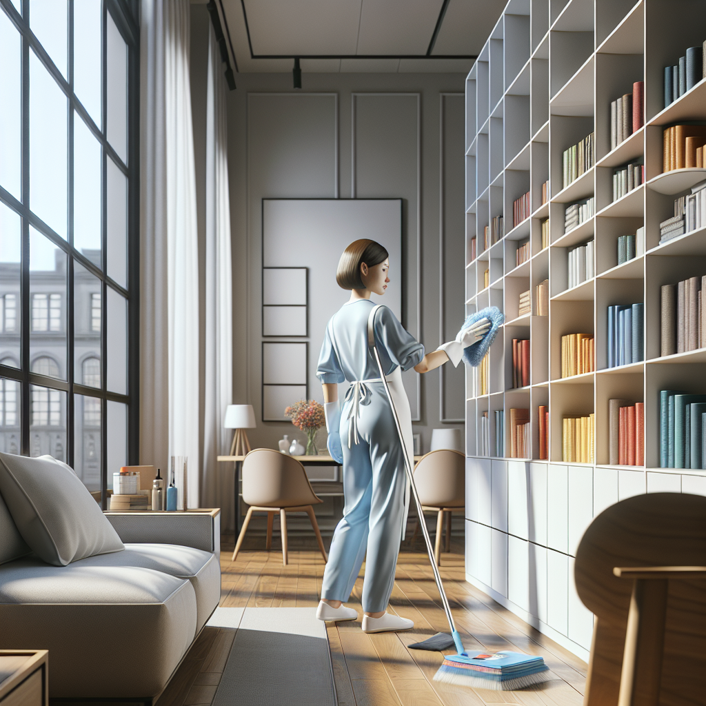 A professional home cleaner dusting a bookshelf in a modern, tidy living room.