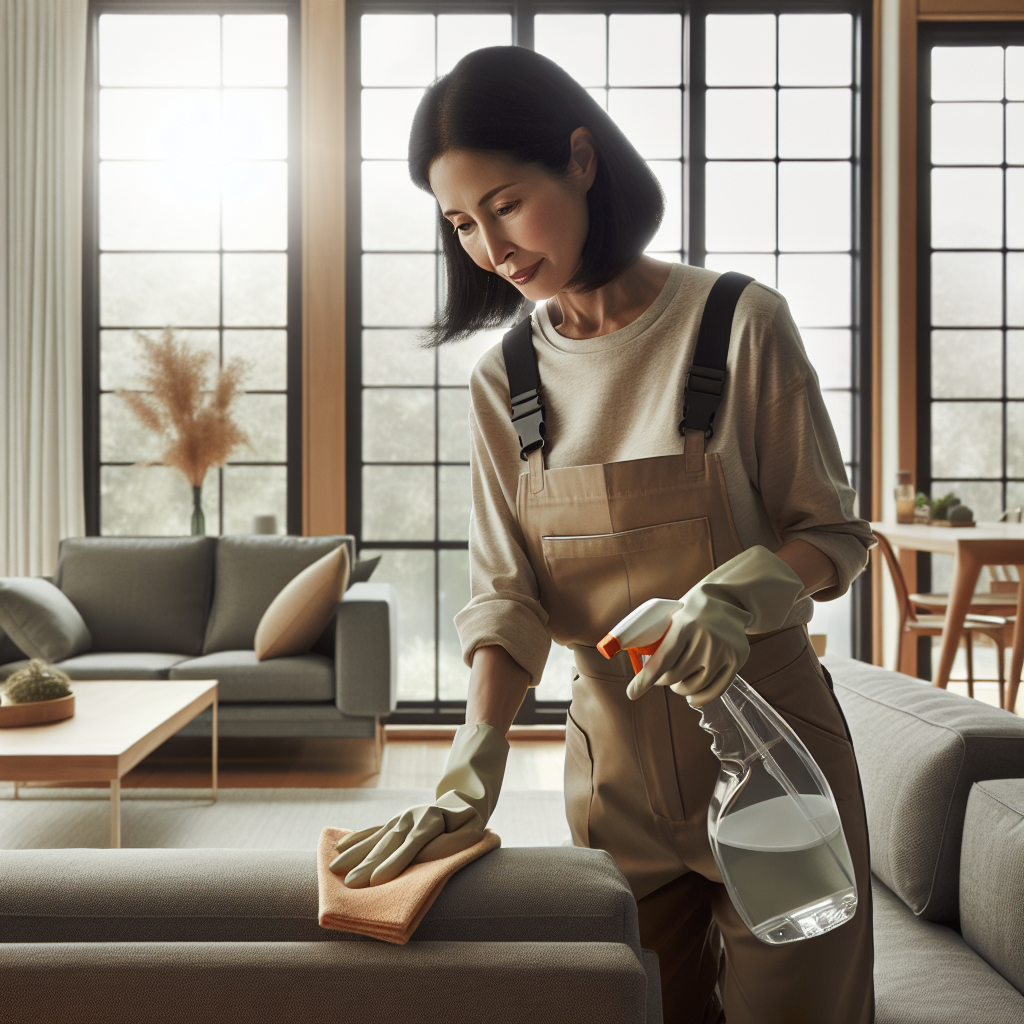 A professional cleaner working in a modern, tidy living room.