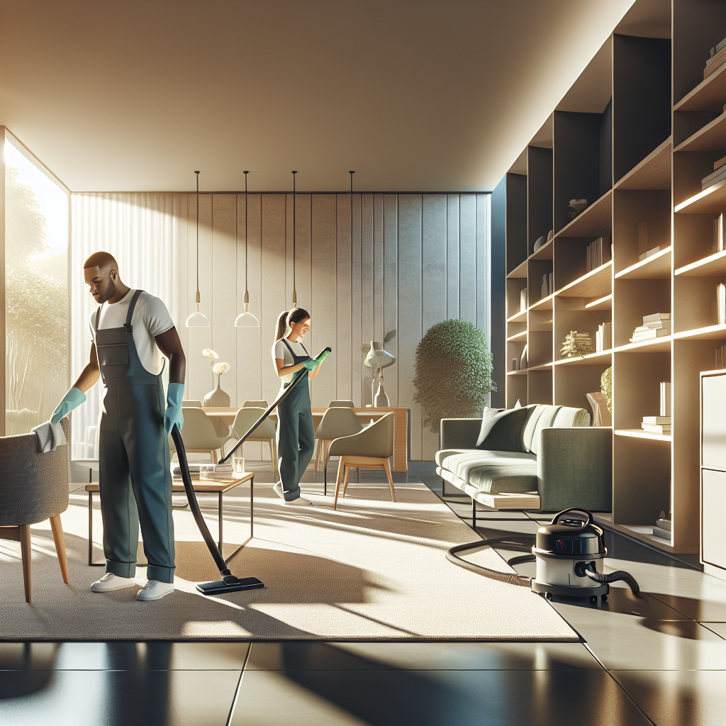 Professional cleaners working in a modern house interior, vacuuming and dusting.