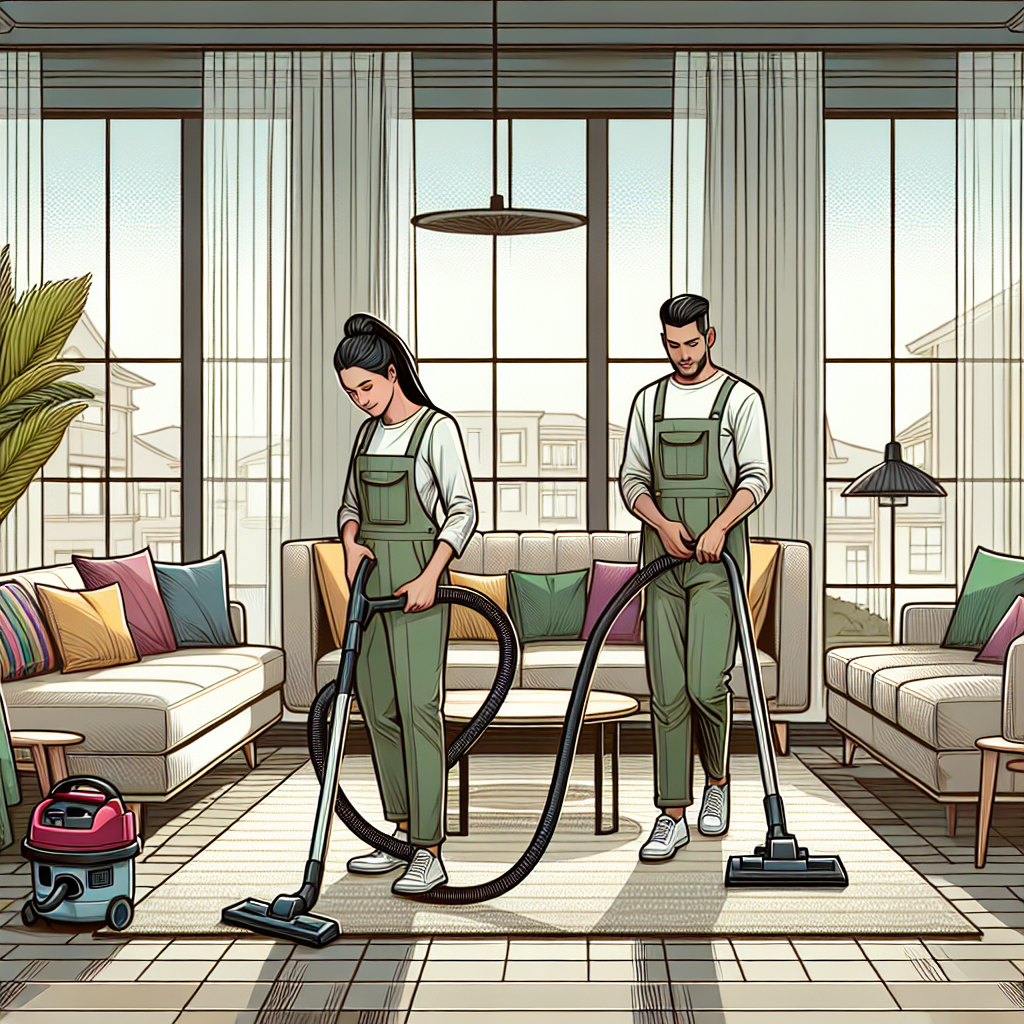 Professional cleaners in a modern, clean living room with natural lighting.