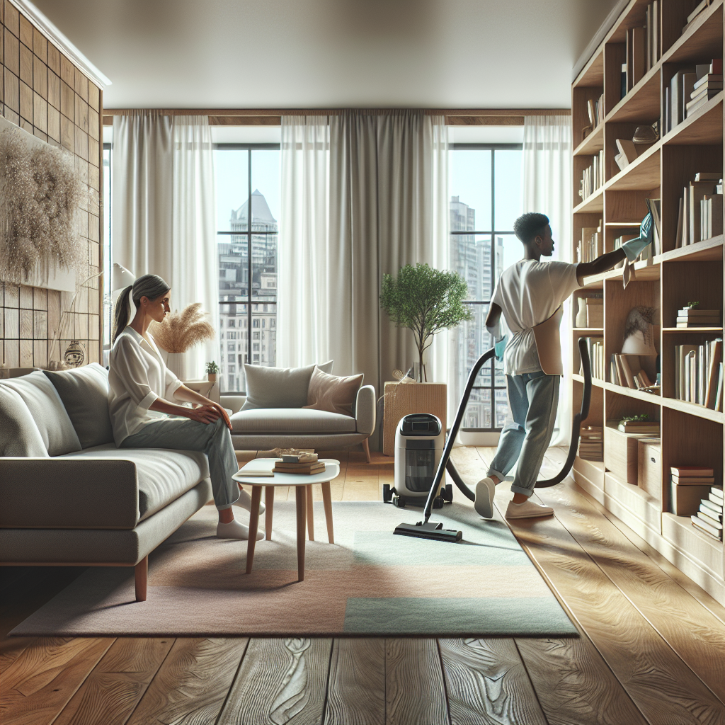Professional cleaners in a neatly organized modern living room.