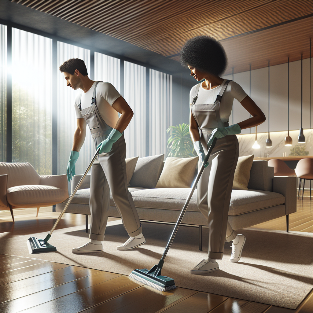 Professional house cleaners in a modern living room.