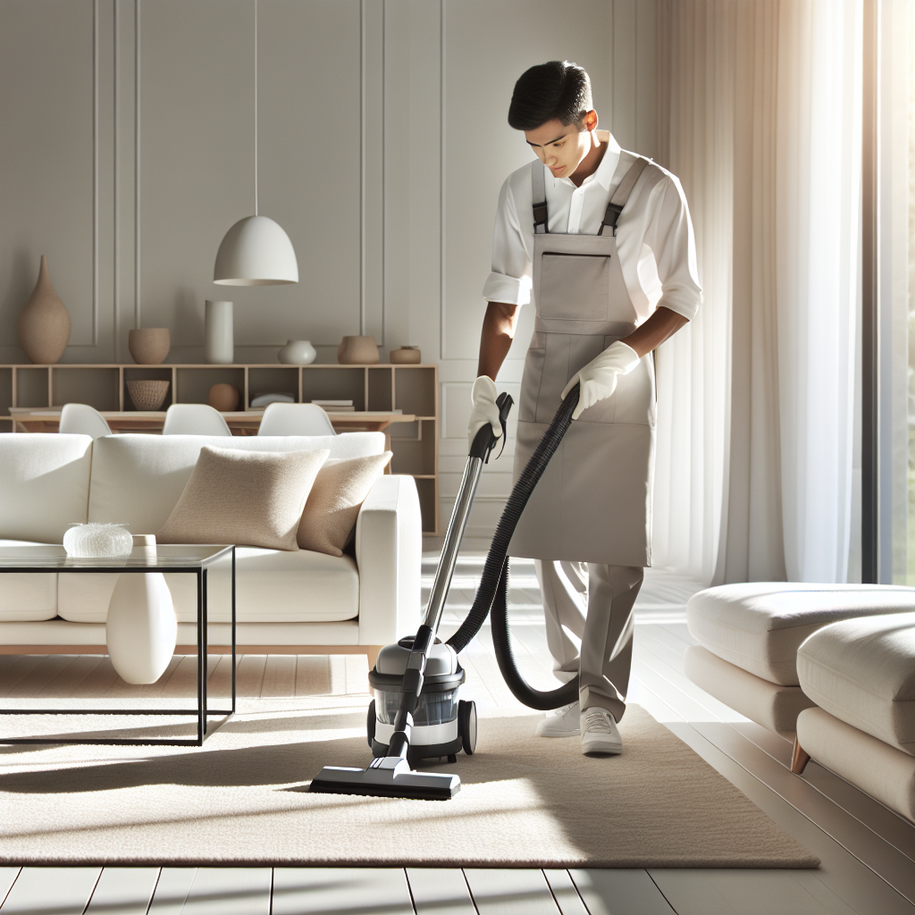 A professional cleaner vacuuming a stylish living room, emphasizing cleanliness and organization.