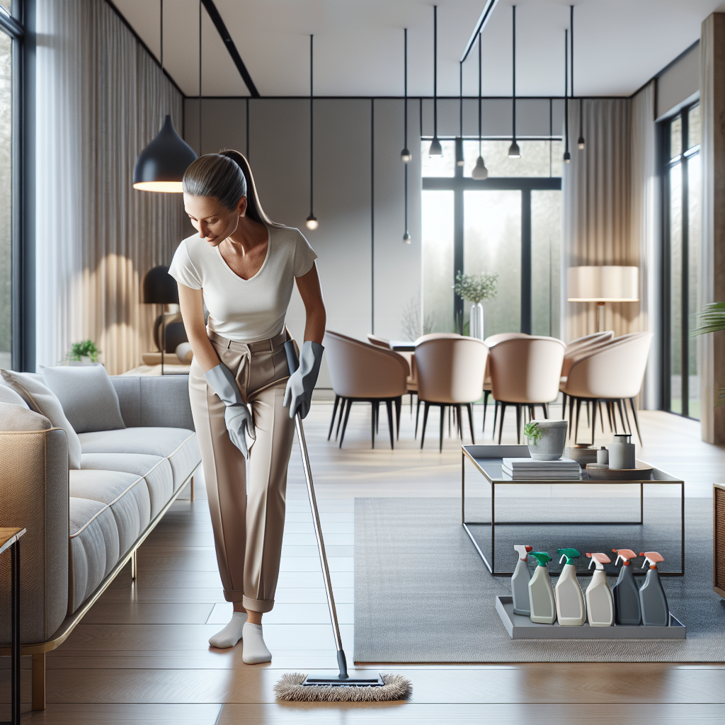 Professional cleaner dusting a modern, well-lit living room.