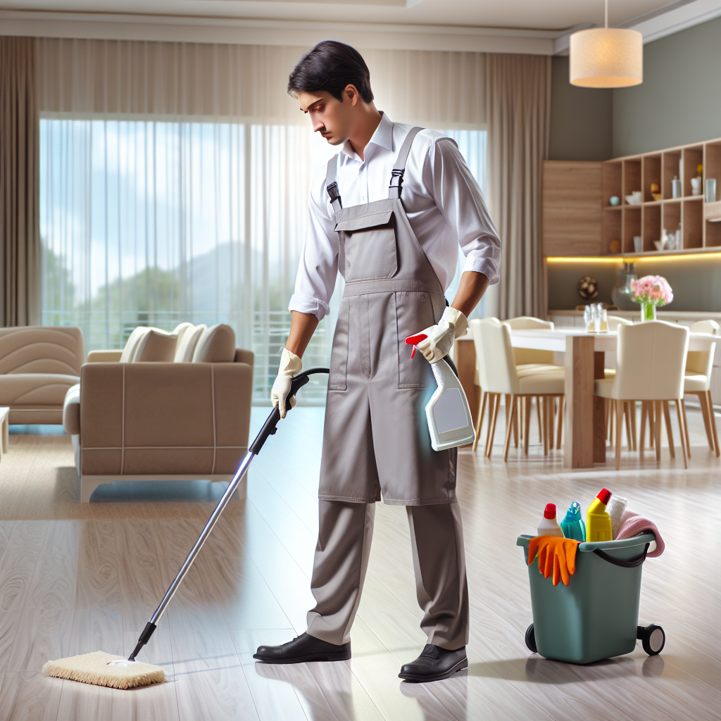 A professional cleaner at work in a modern, tidy home.