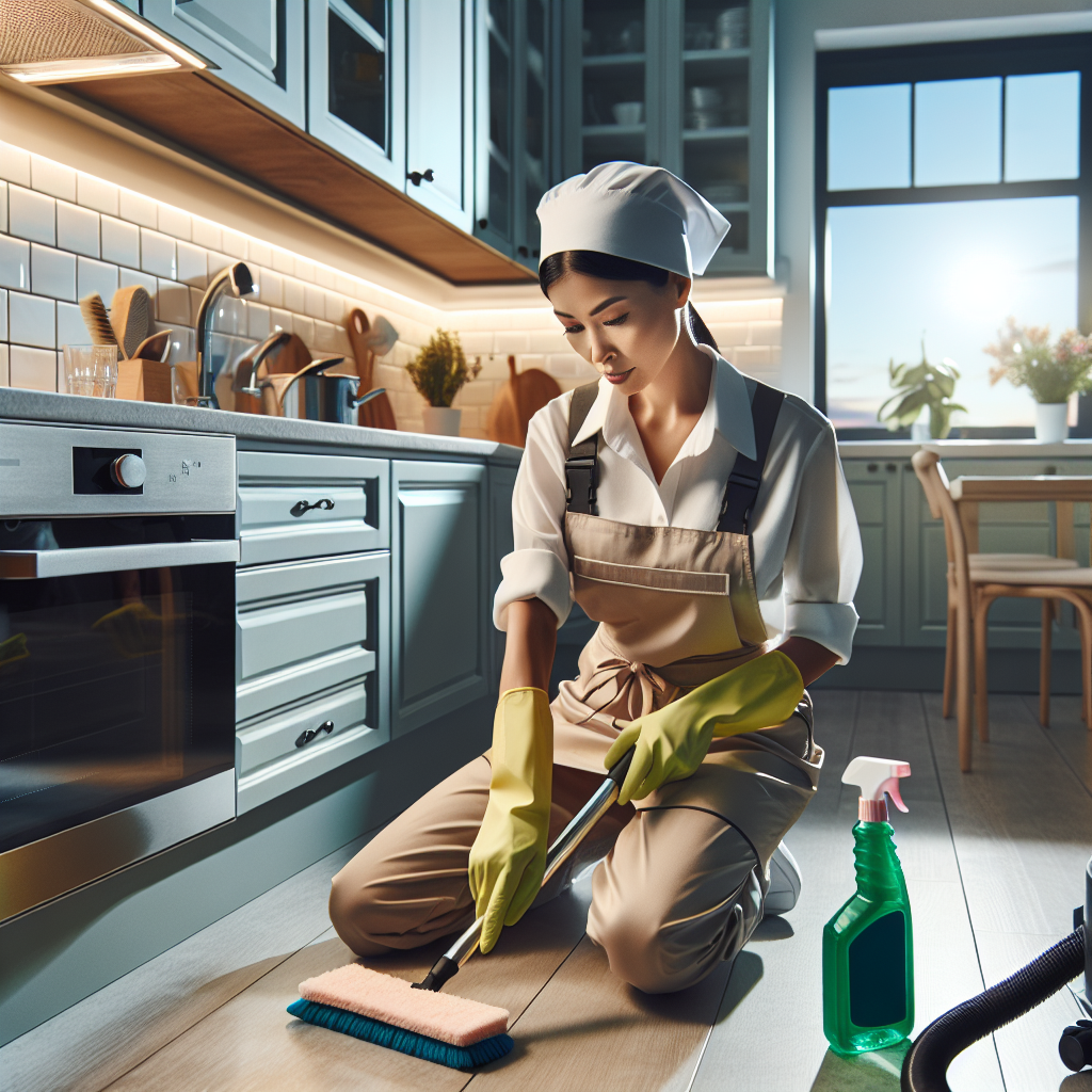 A professional cleaner using eco-friendly products for deep house cleaning in a modern kitchen.