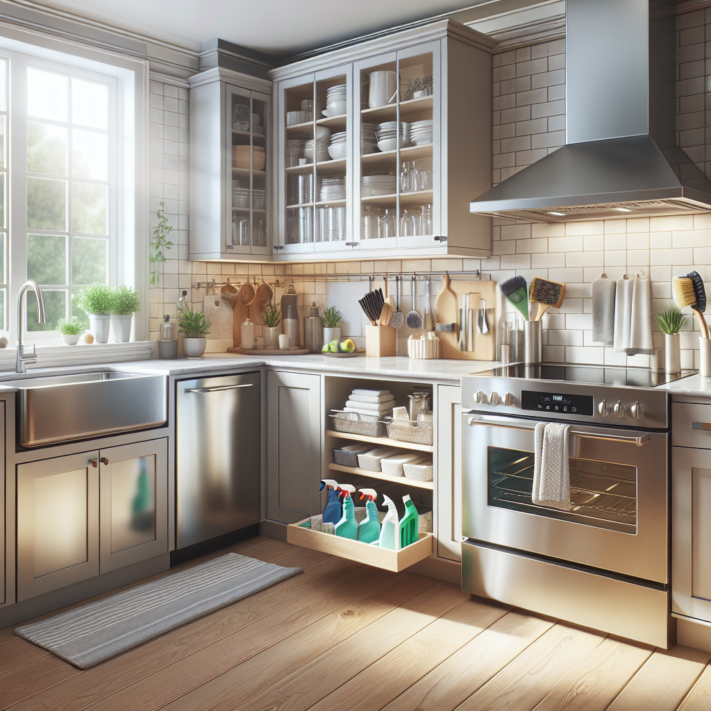 A clean modern kitchen highlighting deep cleaning services with spotless surfaces and warm natural lighting.