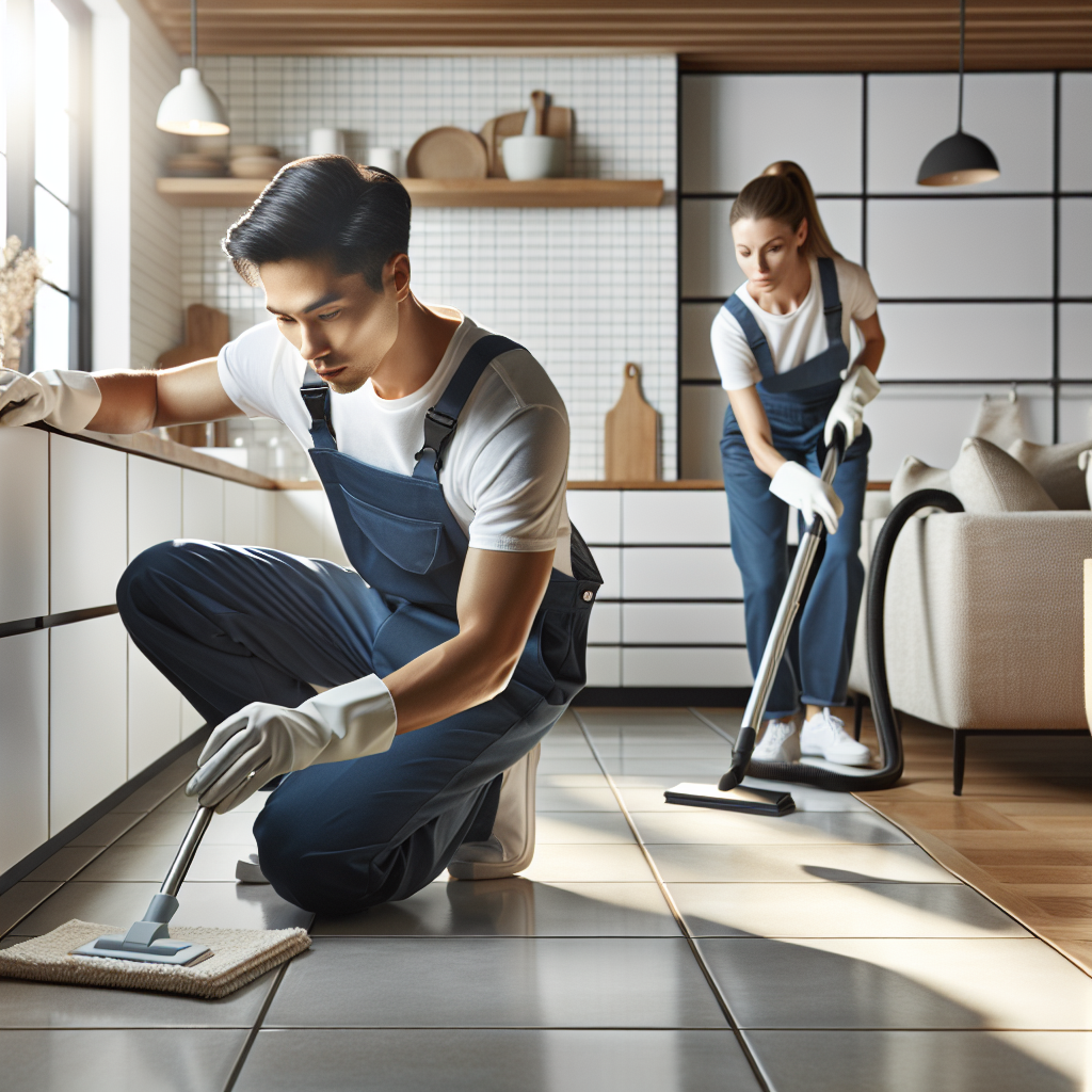 Professional cleaners performing deep cleaning in a modern kitchen, focusing on thoroughness and use of eco-friendly products.