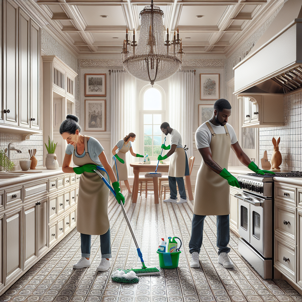 Professionals meticulously performing deep house cleaning in a bright room.