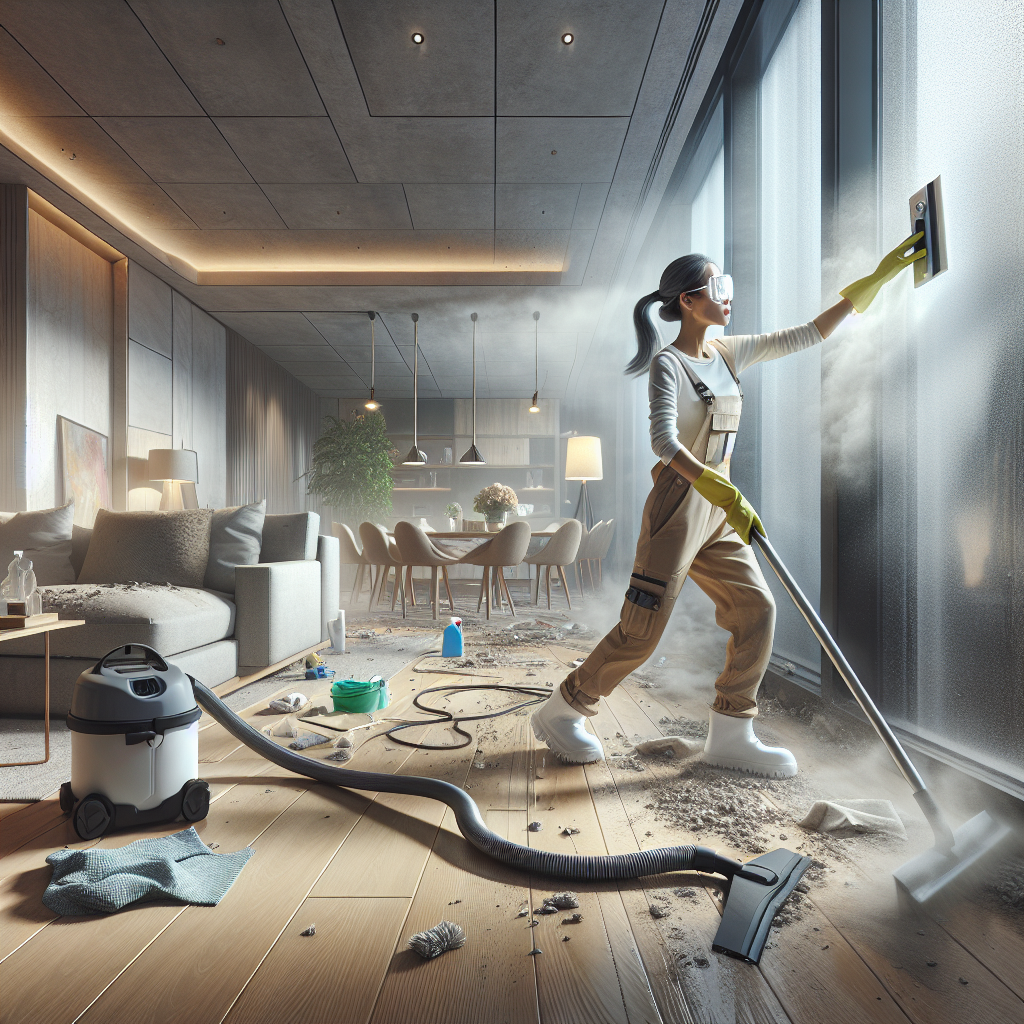 Post-construction cleaning scene in a modern living room with a worker cleaning a window.
