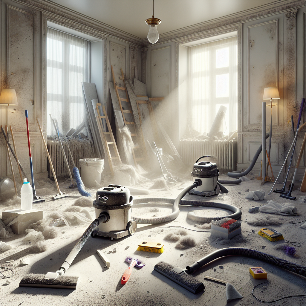 Realistic post-construction cleaning scene with debris, dust, and cleaning tools like vacuum and microfiber cloths.