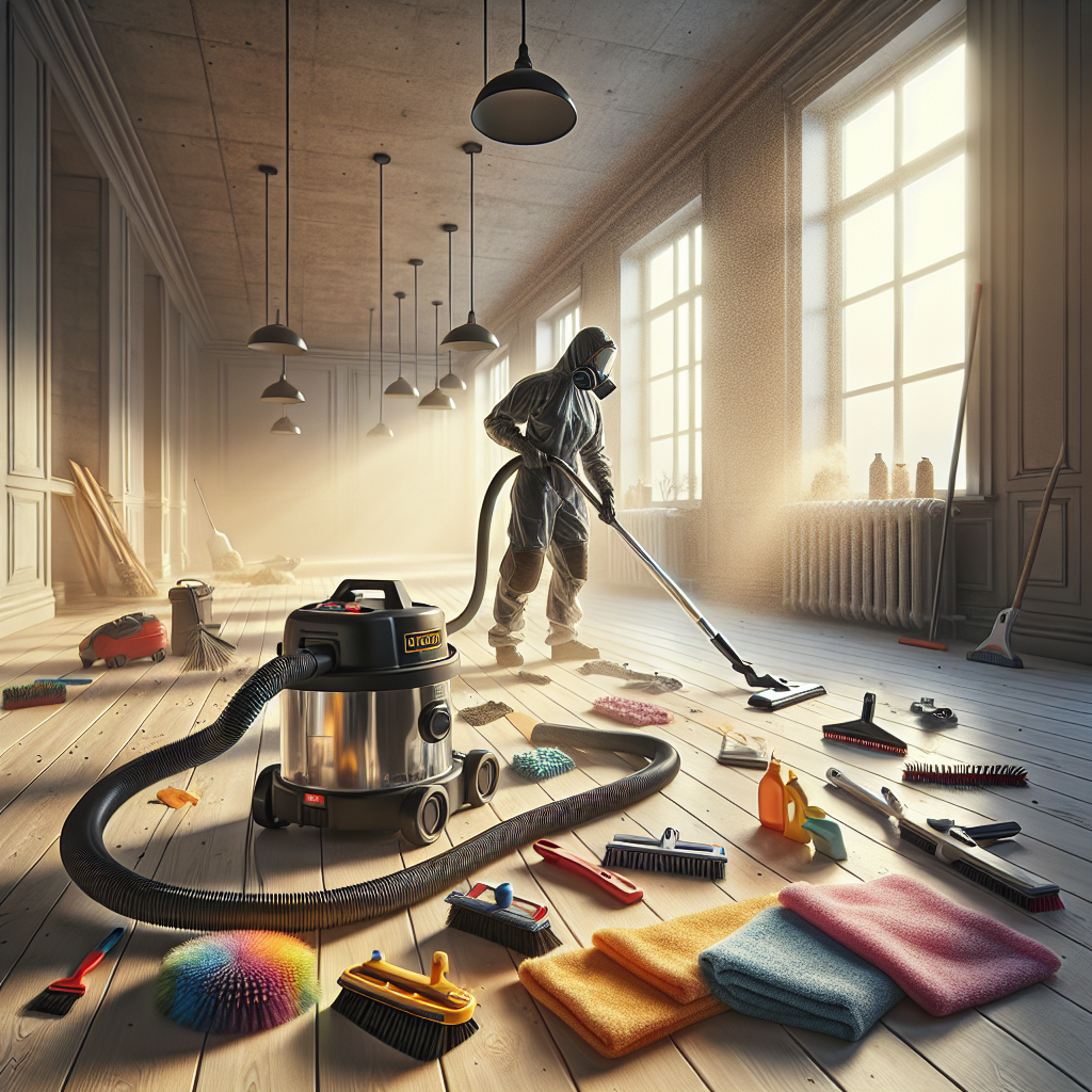 Post-construction cleaning scene with cleaning tools and a person in protective gear.