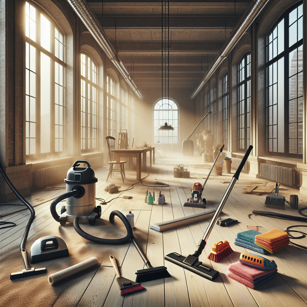 Post-construction indoor cleaning with tools and dusty surfaces.