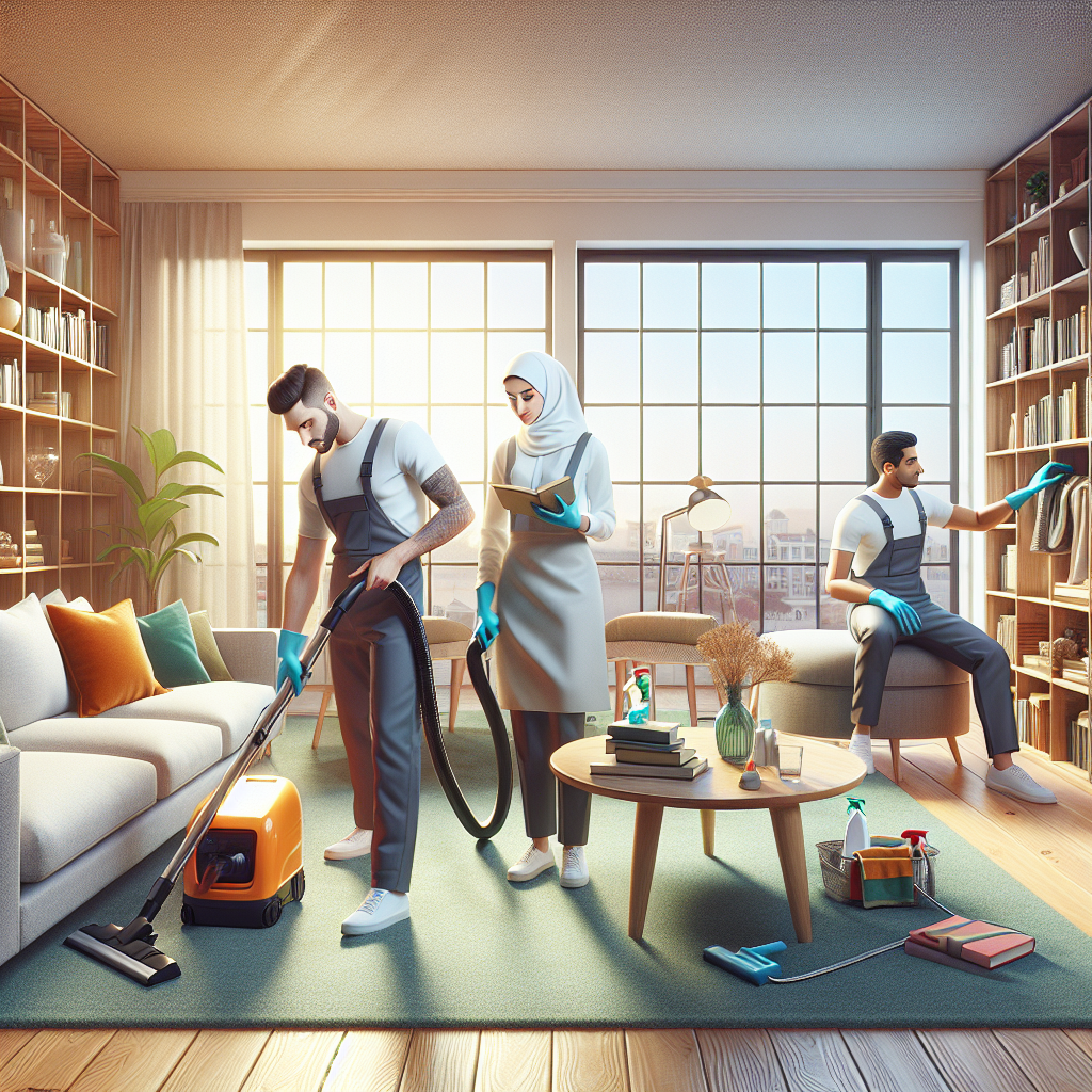 Professional cleaners working in a tidy, sunlit living room.