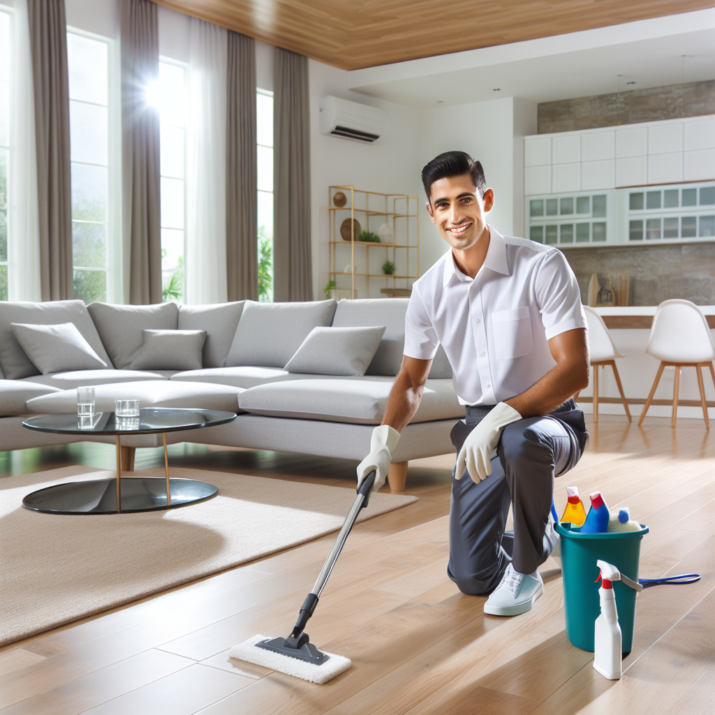 Professional cleaner tidying up a modern living room with eco-friendly tools.