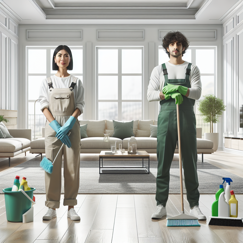 Cleaning professionals in a modern home interior, emphasizing eco-friendly cleaning and orderliness.