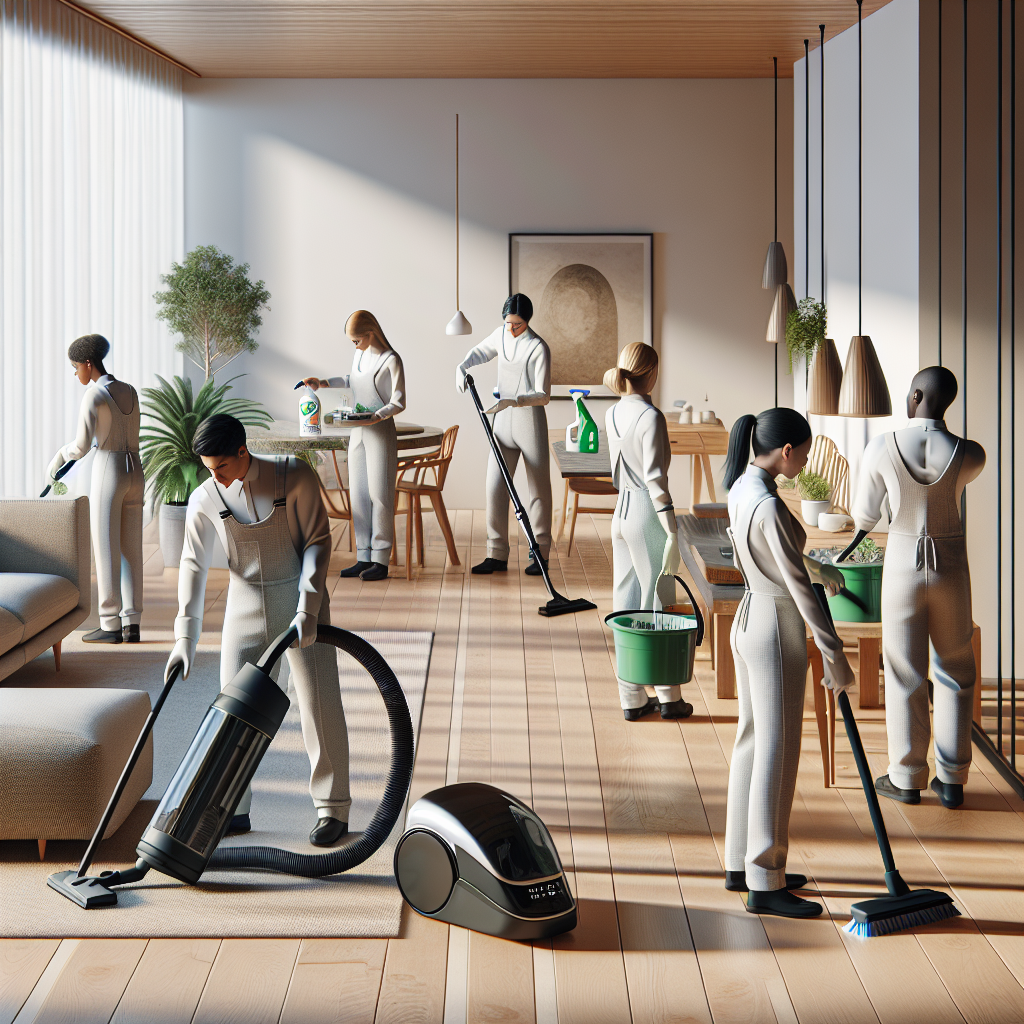 A professional cleaning team working in a modern home, showcasing eco-friendly cleaning practices.