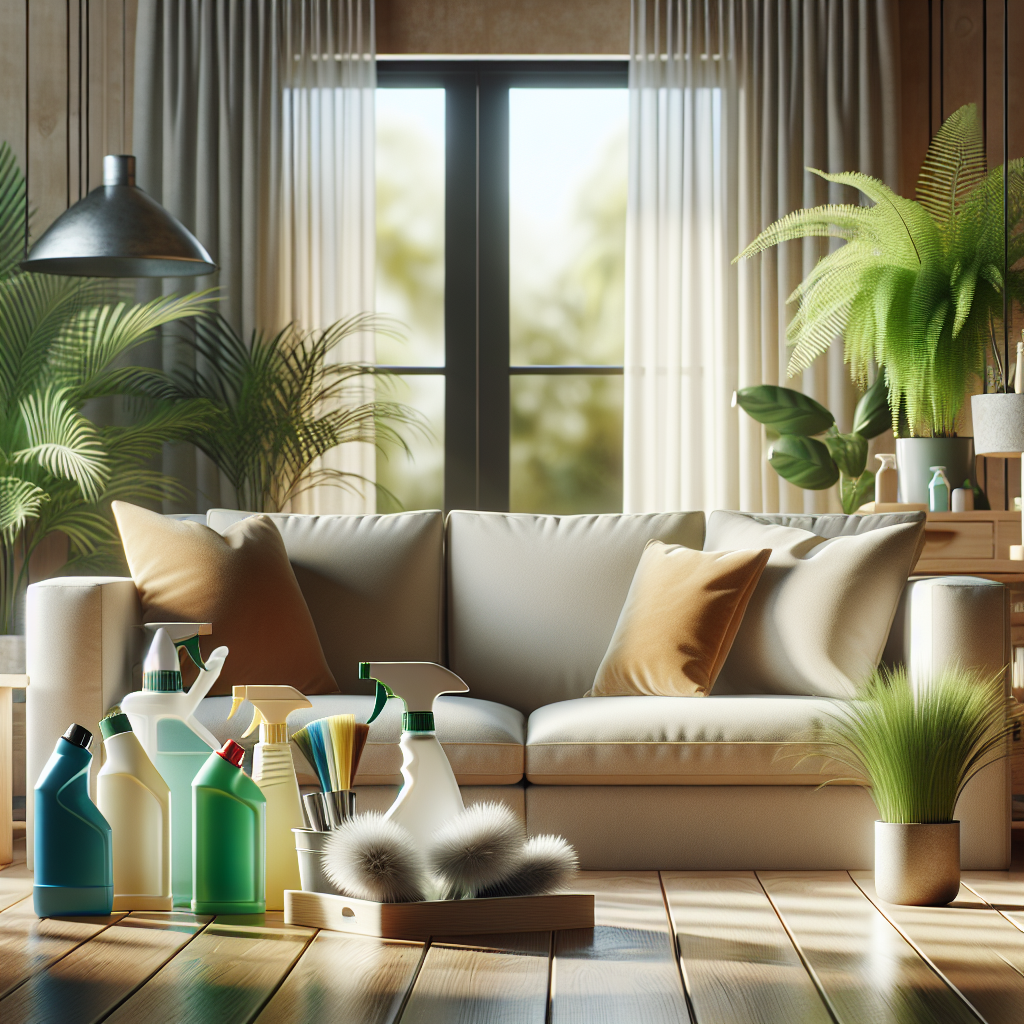 A tidy and clean living room with cleaning supplies, highlighting whole house cleaning services.