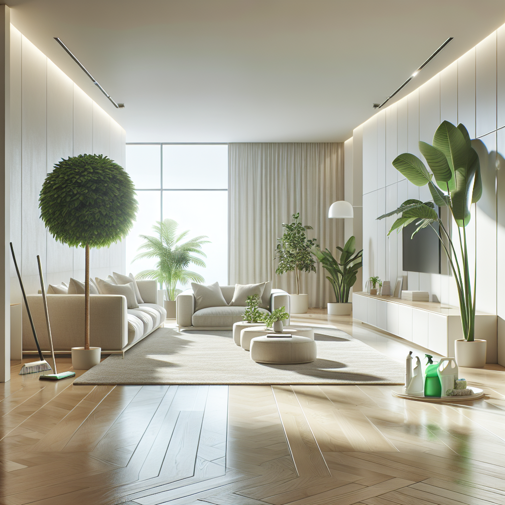 A realistic image of a spotless and well-organized modern living room, emphasizing cleanliness and brightness.
