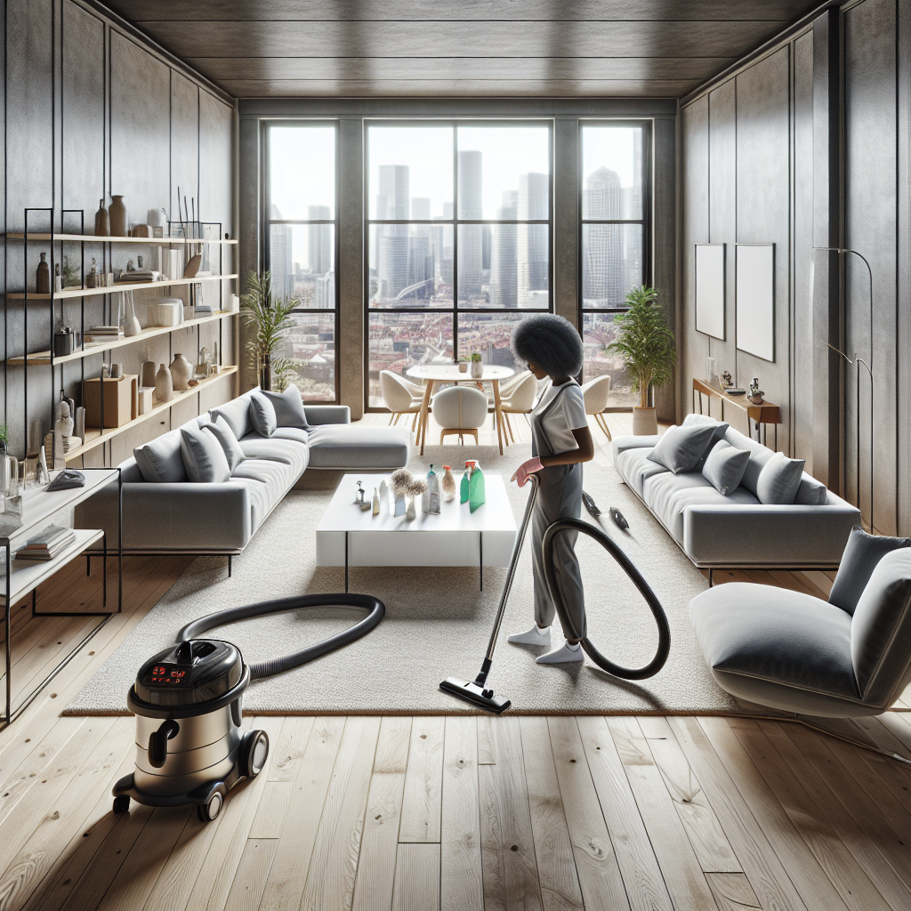 Home Cleaning Services Near Me Find the Best Options! 5 A realistic image of a professional cleaner in a modern urban home living room.