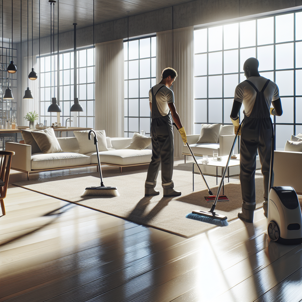 Realistic depiction of a professional house cleaning team in a modern living room.